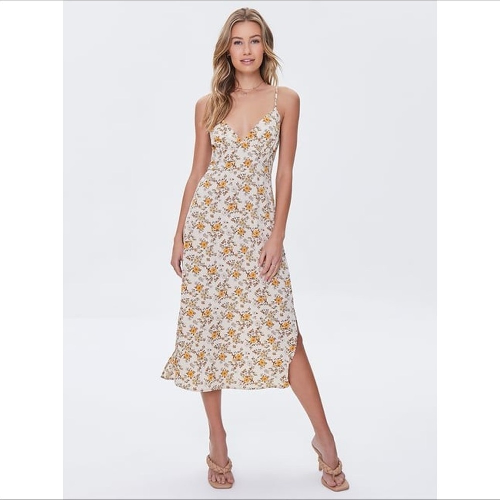 Forever 21 beige and yellow floral midi open back tie babydoll cottagecore dress